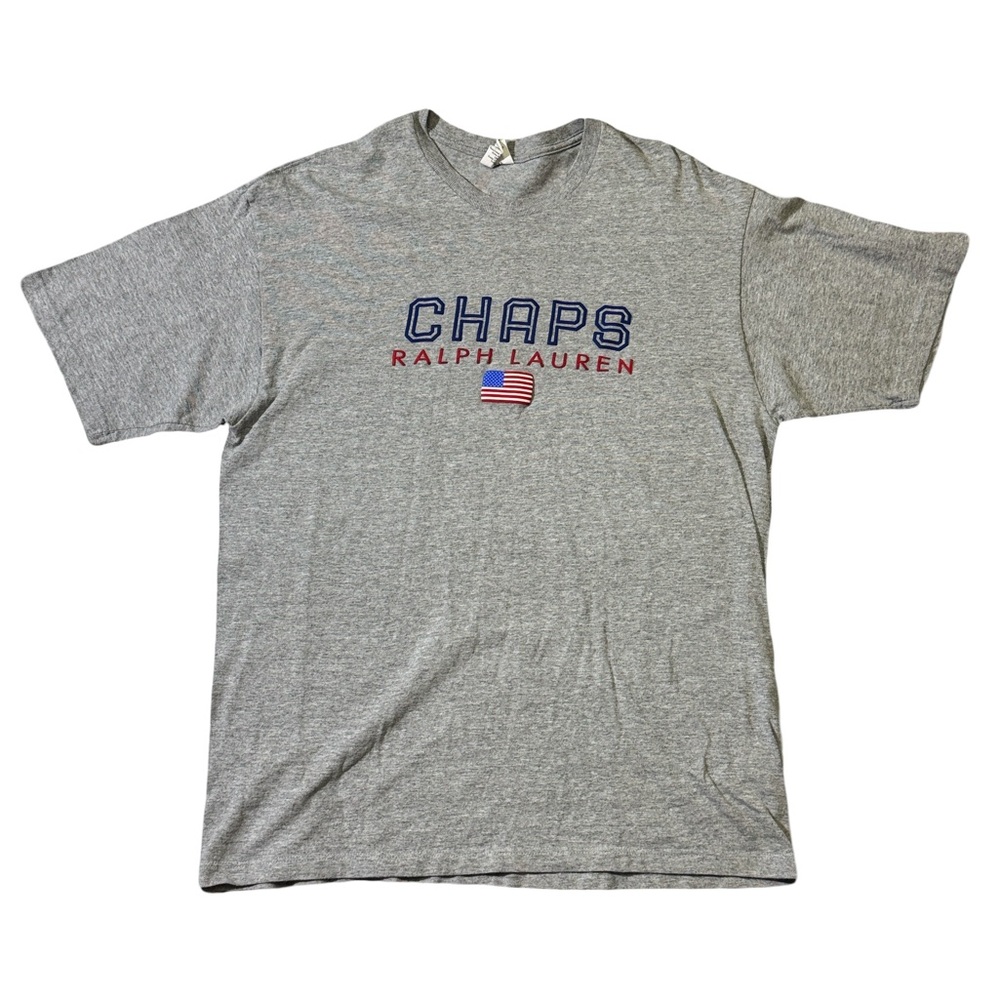 Y2K Chaps Ralph Lauren mens L Large gray American flag short sleeve T-shirt EUC
